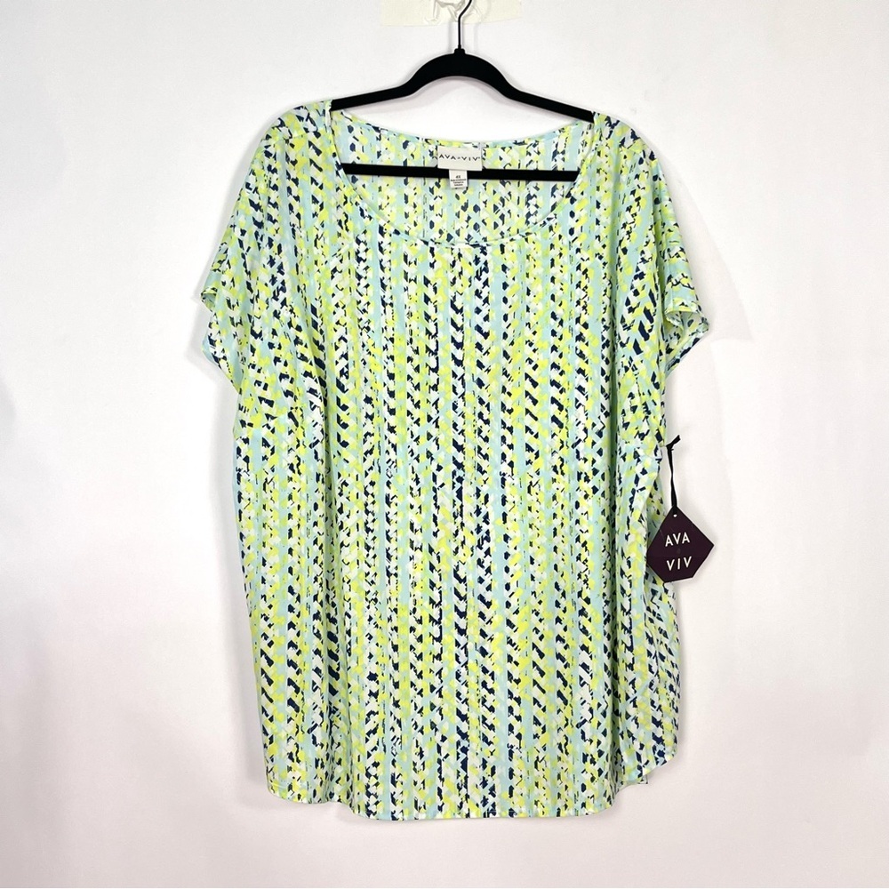 Ava & Viv Yellow Blue Green Geometrical Print Short Sleeve Blouse Sz 4X Plus NWT